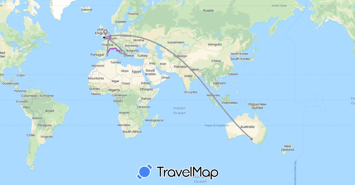 TravelMap itinerary: driving, bus, plane, train in Australia, Spain, France, United Kingdom, Greece, Italy, Netherlands, Singapore (Asia, Europe, Oceania)